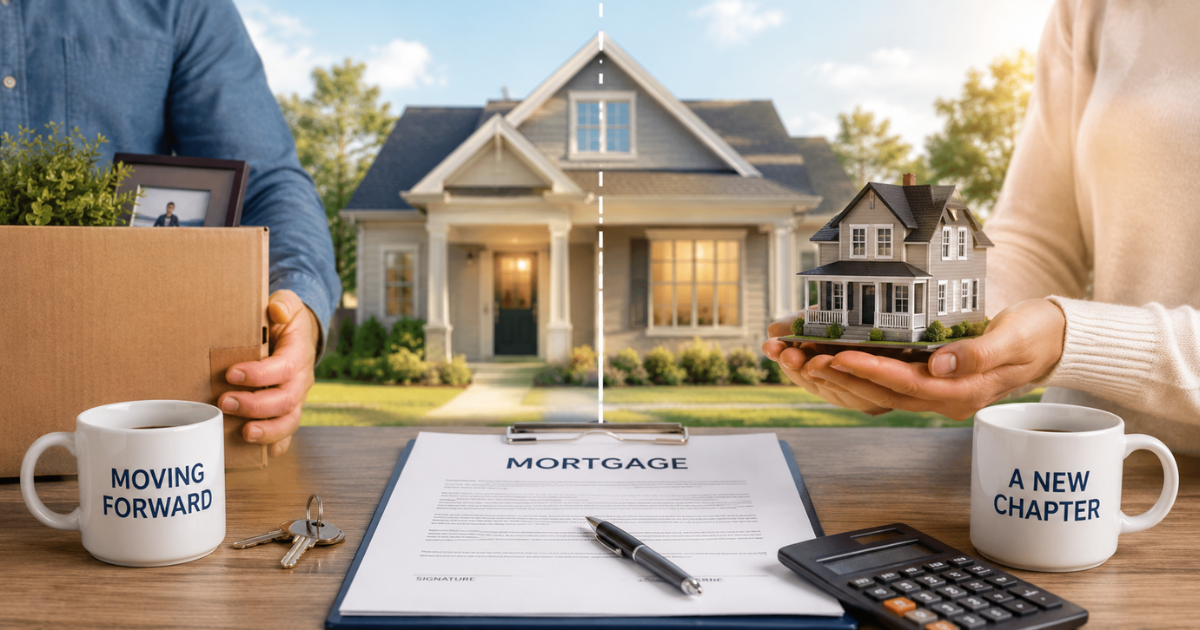 Assumable mortgage after divorce - two people dividing a home with mortgage documents, keys and calculator on table, moving forward to a new chapter